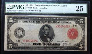 1914 $5 Fed Reserve Red Seal St Louis Note - Graded By Pmg As 25 Very Fine photo
