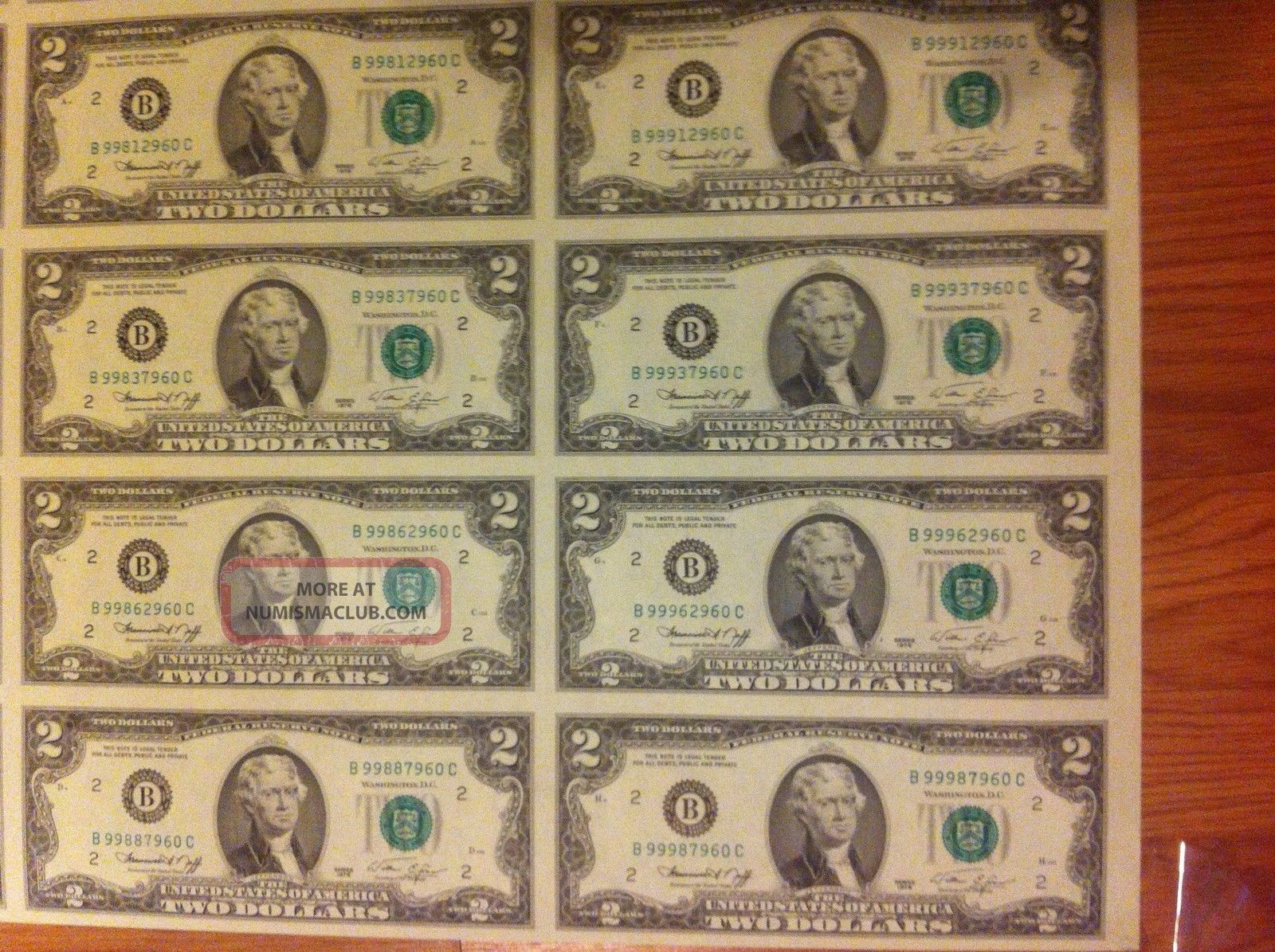 2009 Uncut Sheet $2 X 8 Early Release Crisp - Fresh 2 Dollars Extremely Rare Small Size Notes photo