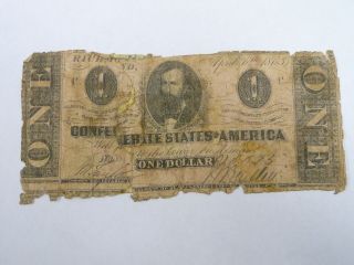 April 6th 1863 Confederate States Of America $1 Dollar Bill Civil War Days 3405 photo