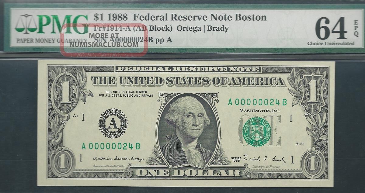 $1 1988==two - Digit Serial==number 24==a00000024b==pmg Ch Unc 64 Epq Small Size Notes photo