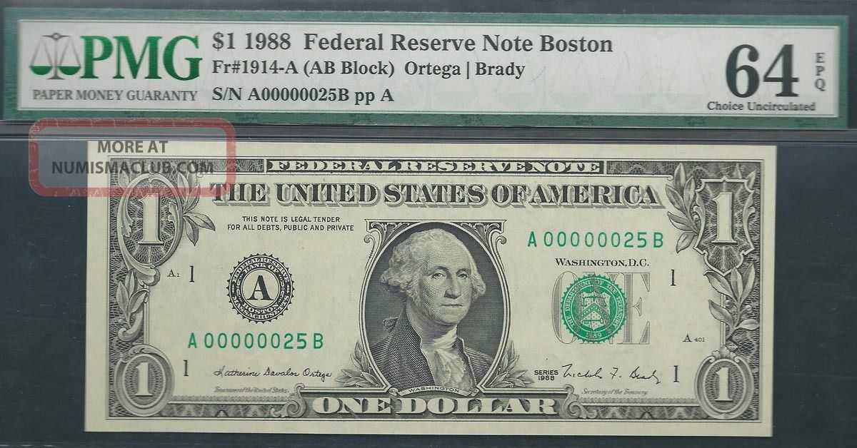 $1 1988==two - Digit Serial==number 25==a00000025b==pmg Ch Unc 64 Epq Small Size Notes photo