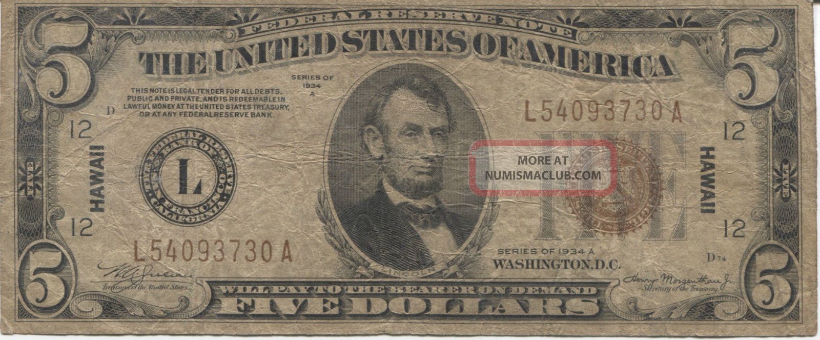 Series 1934 A $5 Hawaii Silver Certificate Small Size Notes photo