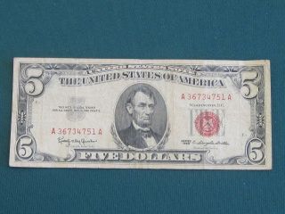 Series 1963 Five Dollar Red Seal Bill Serial A 36734751 A photo