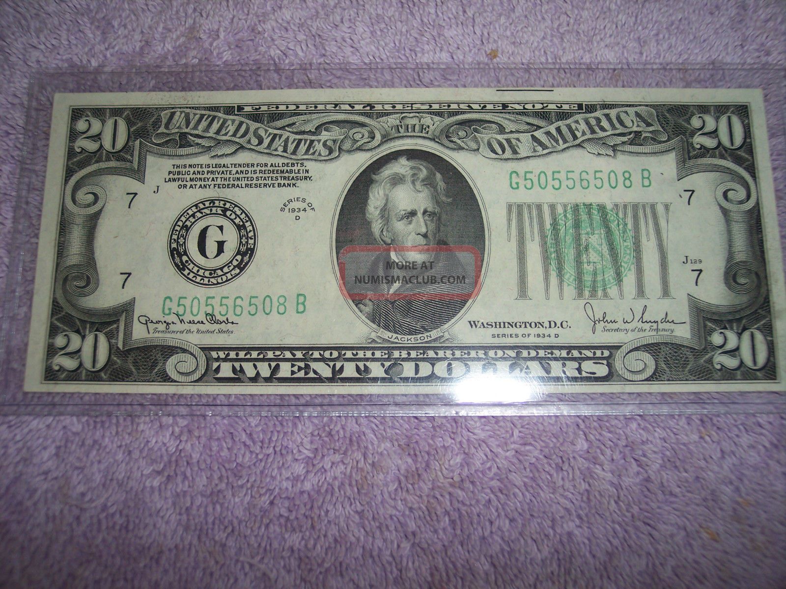 1934 - D $20 Federal Reserve Note With A (g) In The Seal Small Size Notes photo