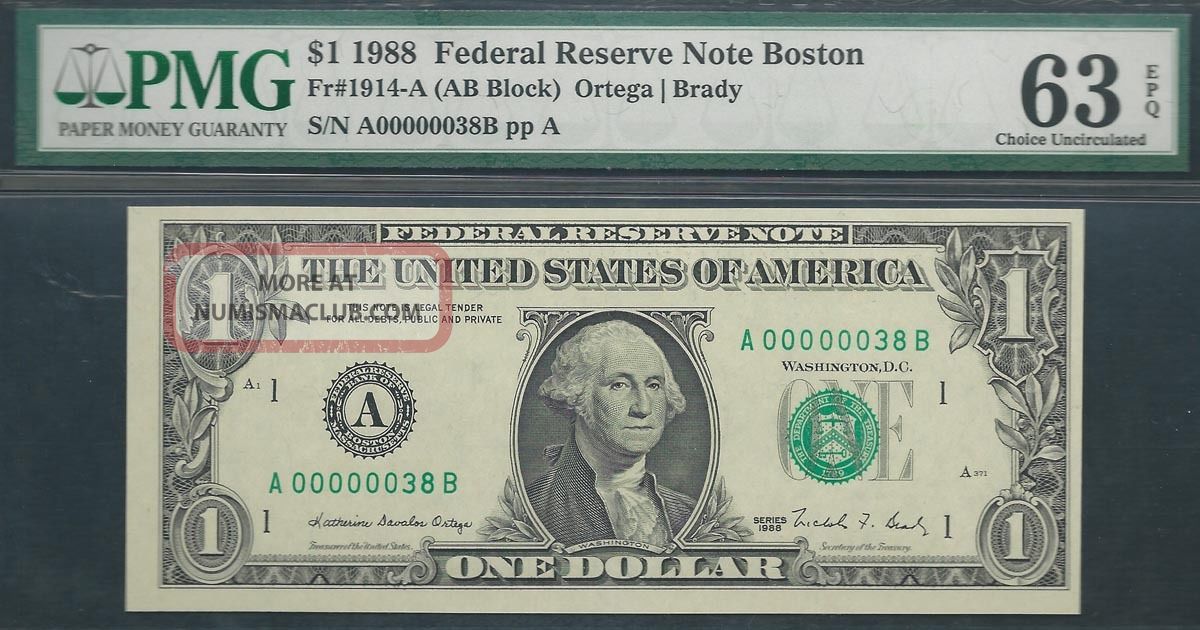 $1 1988==two - Digit Serial==number 38==a00000038b==pmg Ch Unc 63 Epq Small Size Notes photo