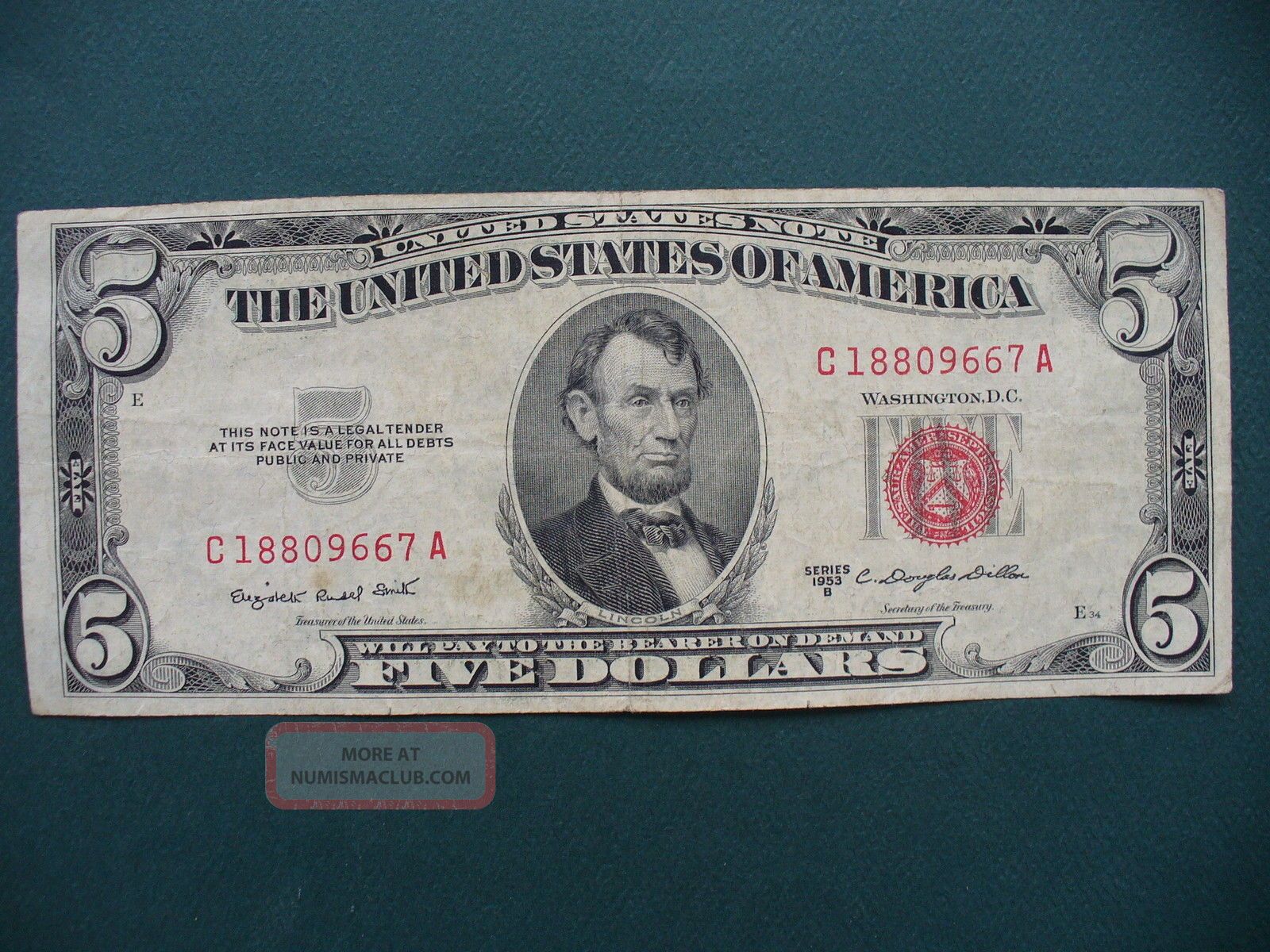 1953 B - 5 Dollar Red Seal.  United States Note Small Size Notes photo