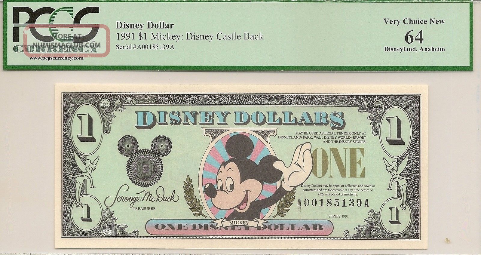1991 $1 Mickey Disney Dollar Pcgs 64 Castle Back Disneyland A Series Small Size Notes photo