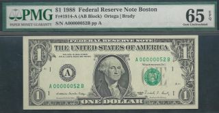 $1 1988==two - Digit Serial==number 52==a00000052b==pmg Ch Unc 65 Epq photo