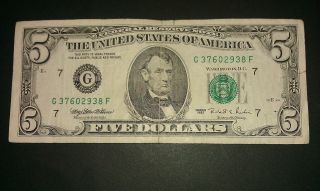 $5 Usa Frn Federal Reserve Note Series 1995 G37602938f photo