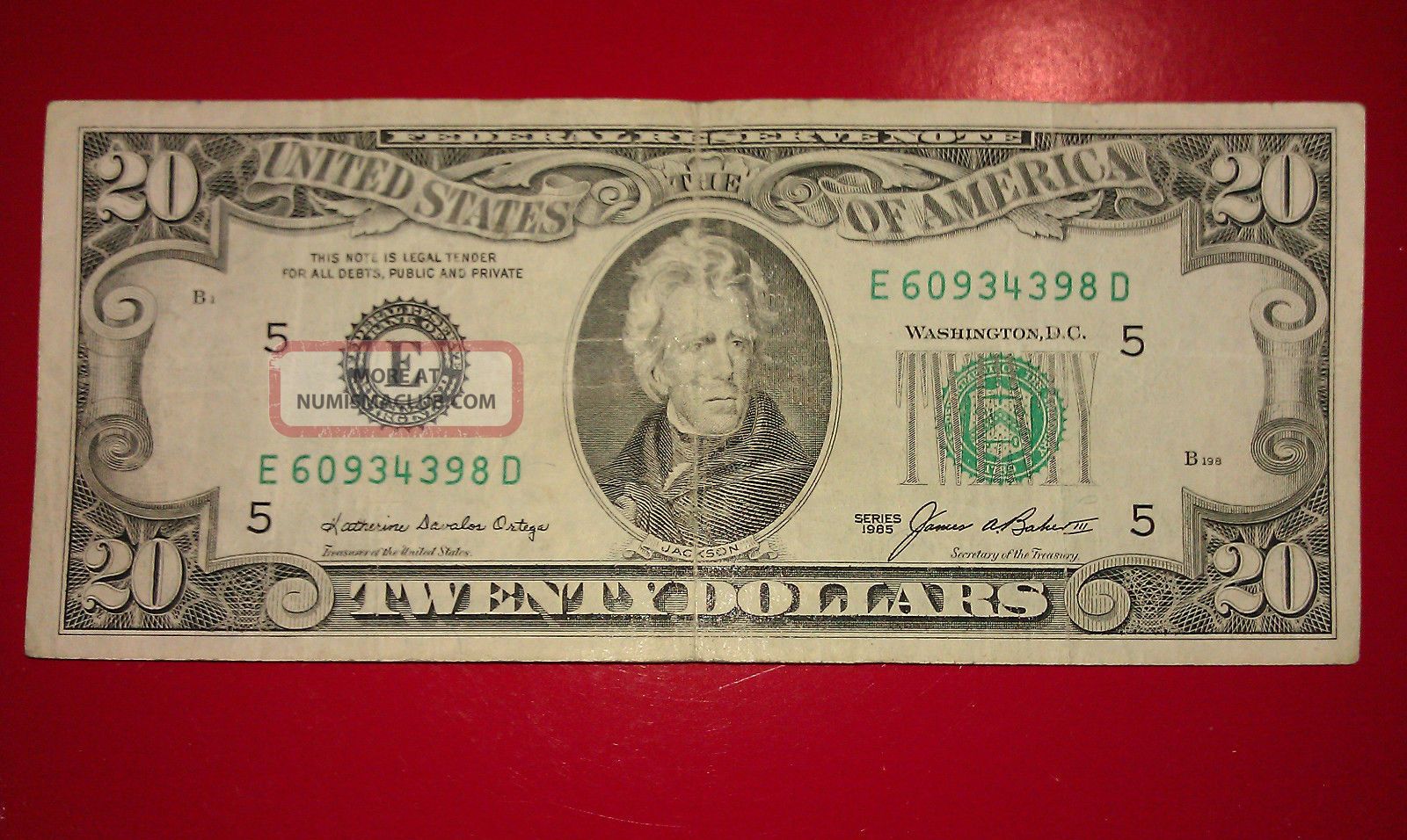 $20 U.  S.  A.  F.  R.  N.  Federal Reserve Note Series 1985 E60934398d Small Size Notes photo