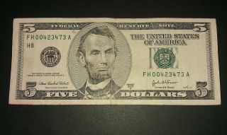 $5 Usa Frn Federal Reserve Note Series 2003a Fh00423473a photo