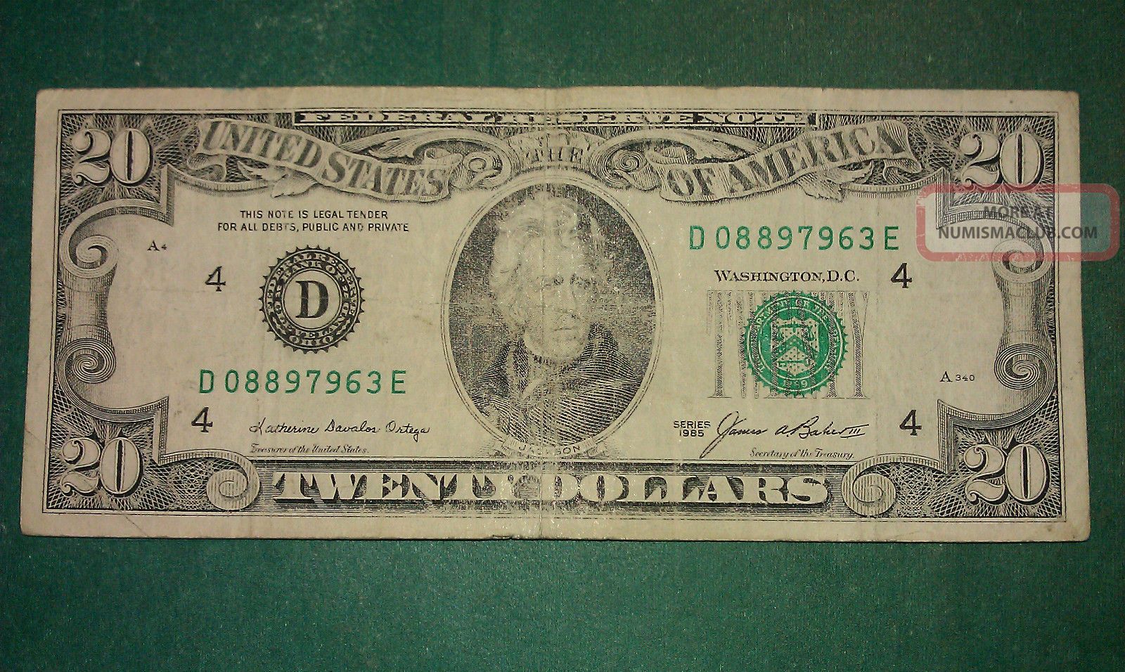 $20 Usa Frn Federal Reserve Note Series 1985 D08897963e Small Size Notes photo