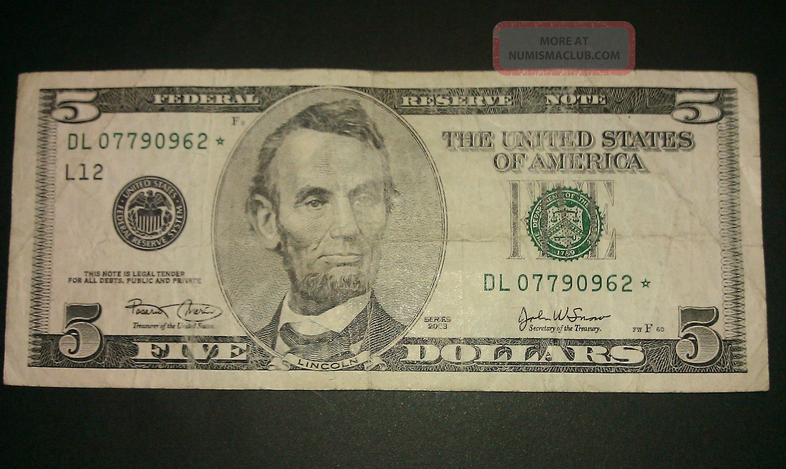 $5 Usa Frn Federal Reserve Star Note Series 2003 Dl07790962 Small Size Notes photo