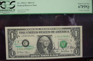 2001 $1 Signed U.  S.  Treasurer And Sec.  Of Treasury Pcgs Suberp Gem 67 Ppq photo