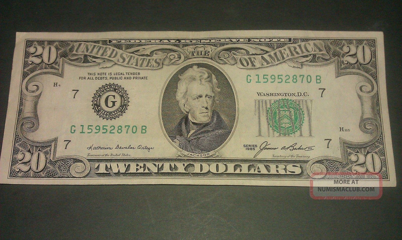 $20 U.  S.  A.  F.  R.  N.  Federal Reserve Note Series 1985 G15952870b Small Size Notes photo