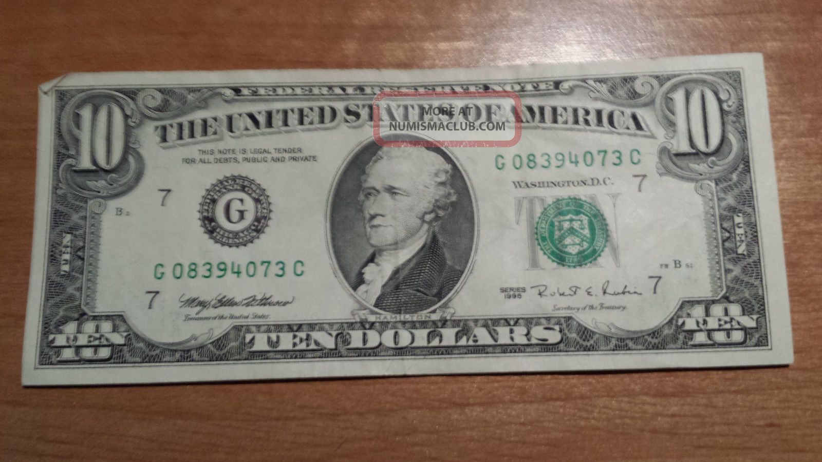 $10 U.  S.  A.  Frn Federal Reserve Note Series 1995 G08394073c Small Size Notes photo