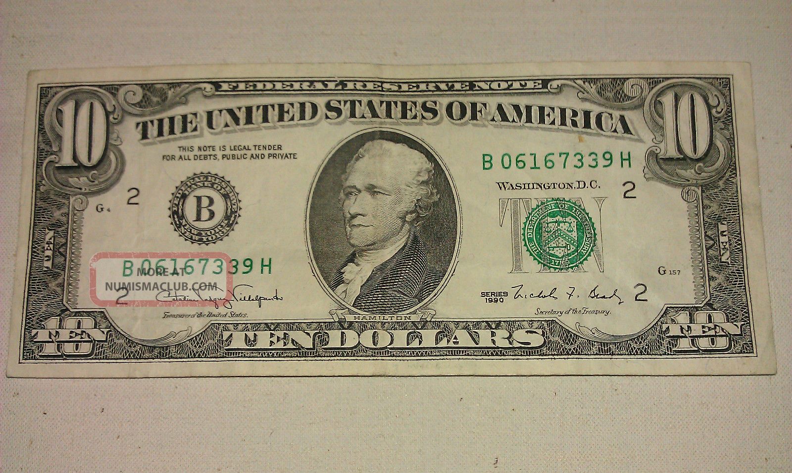 $10 Usa Frn Federal Reserve Note Series 1990 B06167339h Small Size Notes photo