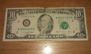 $10 Usa Frn Federal Reserve Note Series 1990 B36833268b photo