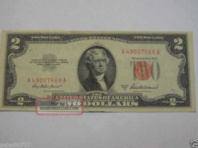 $2.  00 - 1953 - A - Red Seal Federal Reserve Note Almost Uncirculated 007 L (,) (,) K Small Size Notes photo