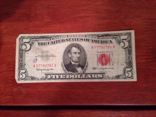 1963 Red Seal $5 Bill United States Note Washington D.  C.  Series 1963 Rare photo