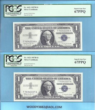 1957 - B Silver Certificates 2 Consec Fr - 1621 Pcgs - Gem - 67 2226 - 227 photo