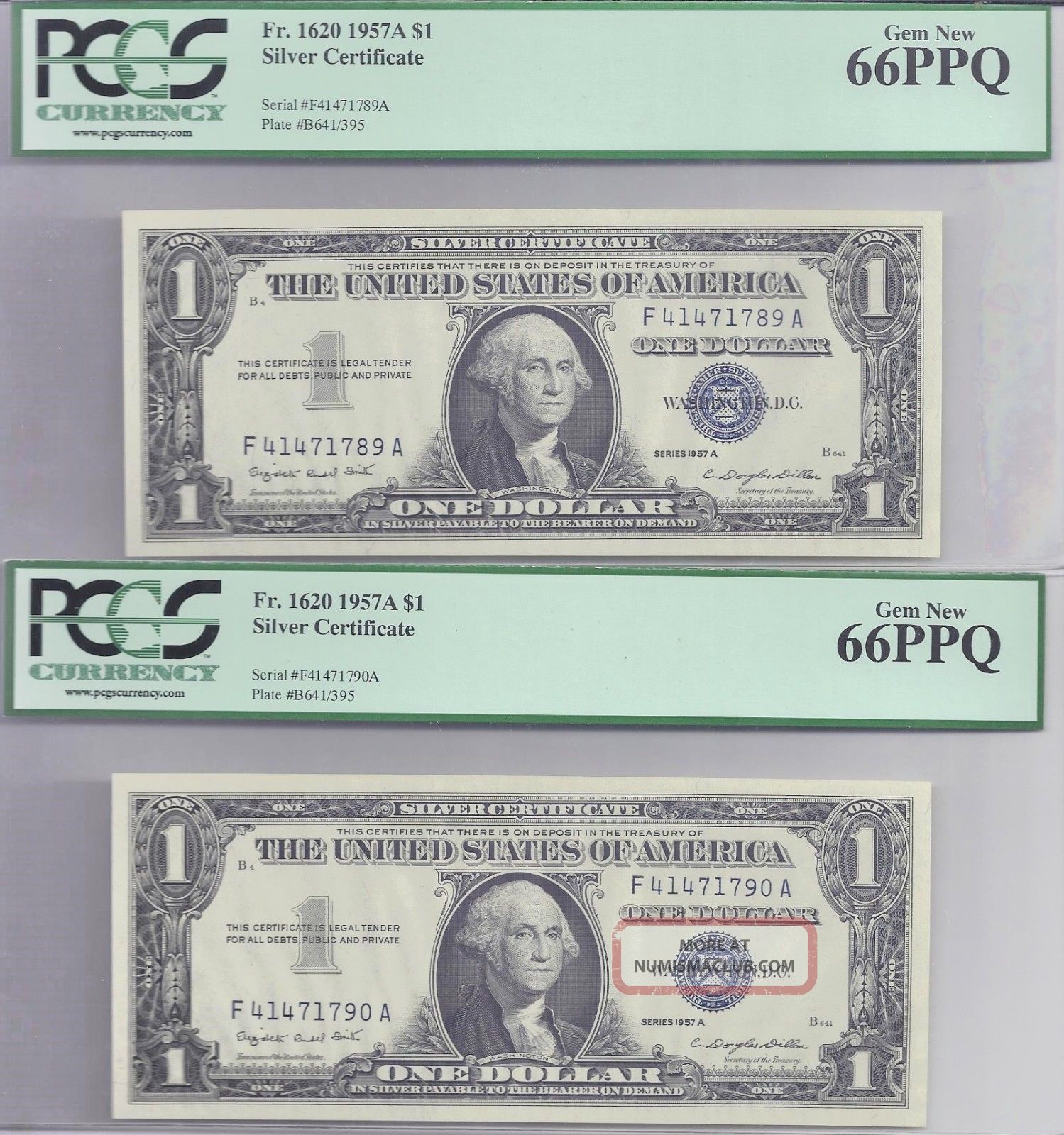 2 Consec Silver Certificate 1957 - A Fr - 1620 Gem - 66 Ppq F41471789a & 1790a Small Size Notes photo