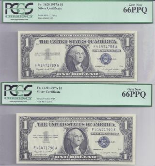 2 Consec Silver Certificate 1957 - A Fr - 1620 Gem - 66 Ppq F41471789a & 1790a photo