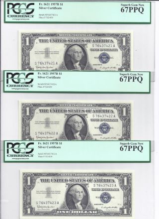 1957 - B Silver Certificates 3 Consec Fr - 1621 Pcgs - Gem - 67 7421,  22,  23 photo