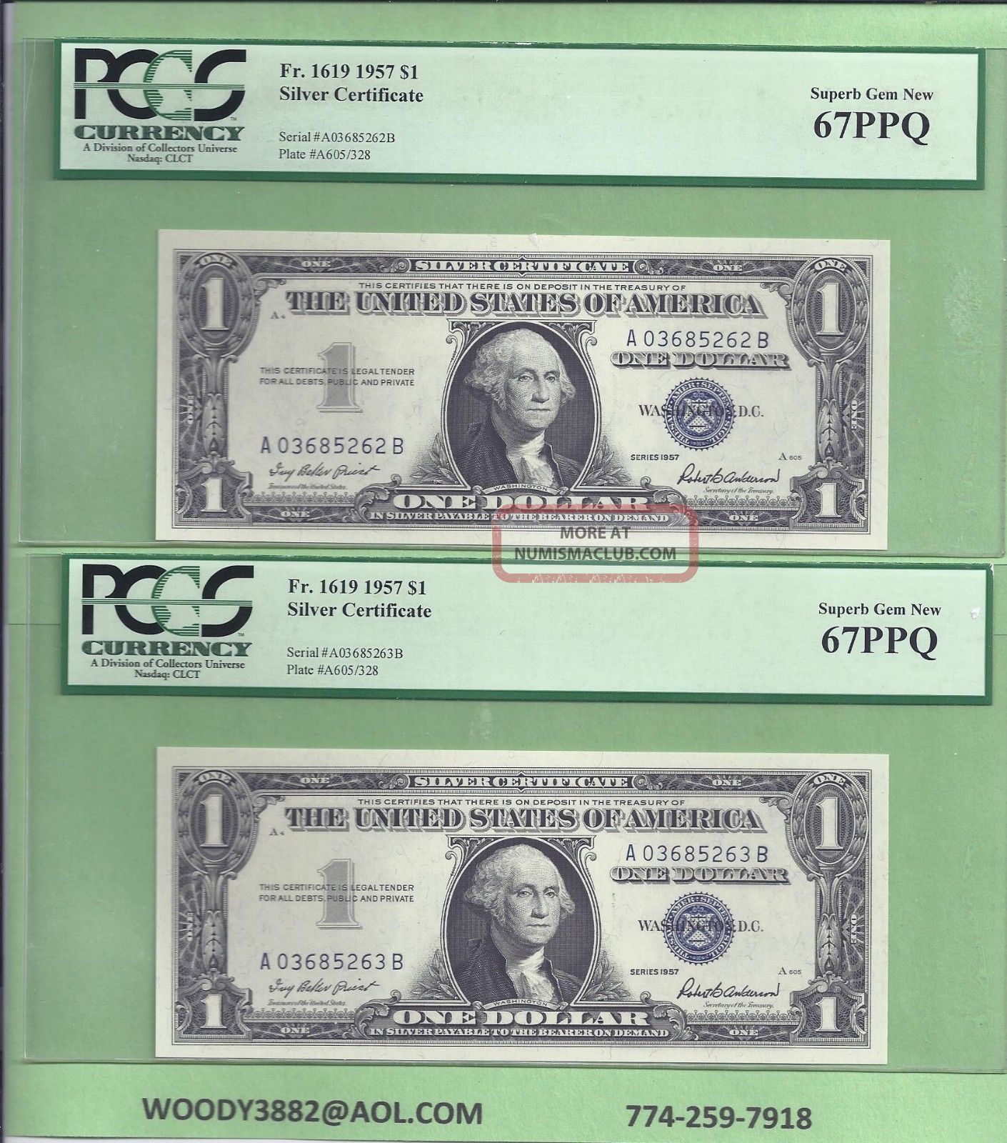 1957 Silver Certificate Fr - 1619 2 Consec Pcgs - Gem - 67 Ppq 5262 - 263 Small Size Notes photo