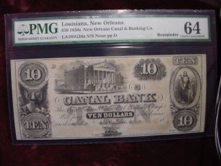 1850 ' S $10 Canal Bank,  Orleans.  La.  Pmg Choice Uncirculated 64 photo