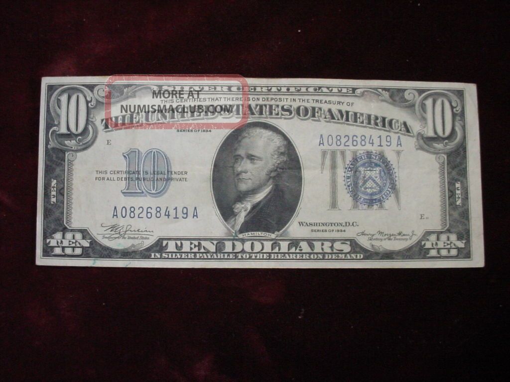 1934 $10 Silver Certificate Fr - 1701 Very Fine + Small Size Notes photo
