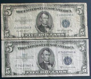 One 1953 $5 & One 1953b $5 Blue Seal Silver Certificate (f74107860a) photo