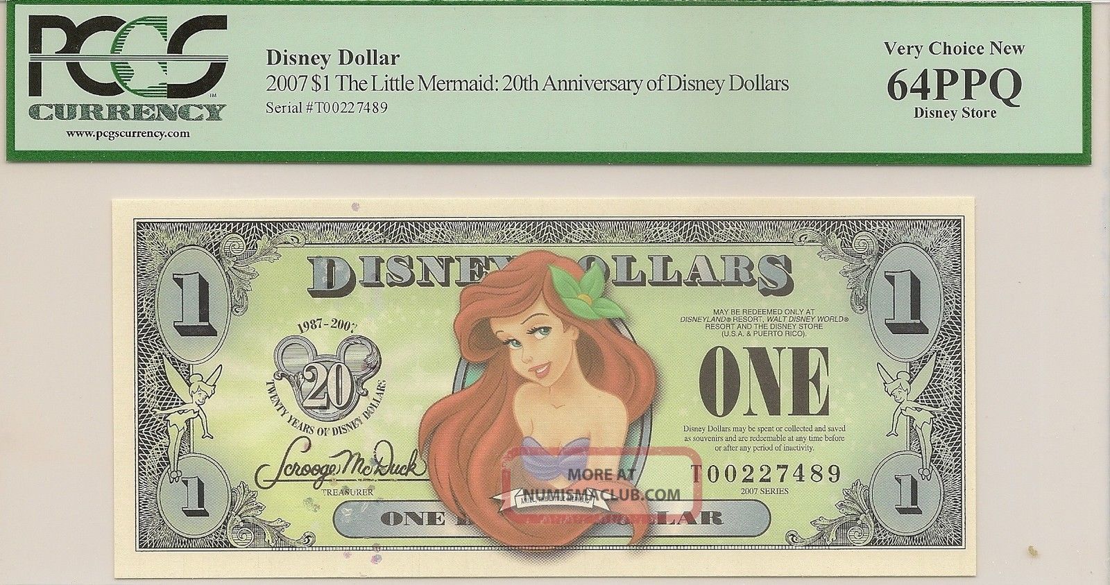 2007 $1 Little Mermaid Dollar Pcgs 64 Ppq Disney Store T Series - Ariel - 20 Yrs Small Size Notes photo