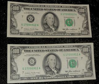 (2) Consecutive 1985 $100 One Hundred Dollar Bills Uncirc. photo