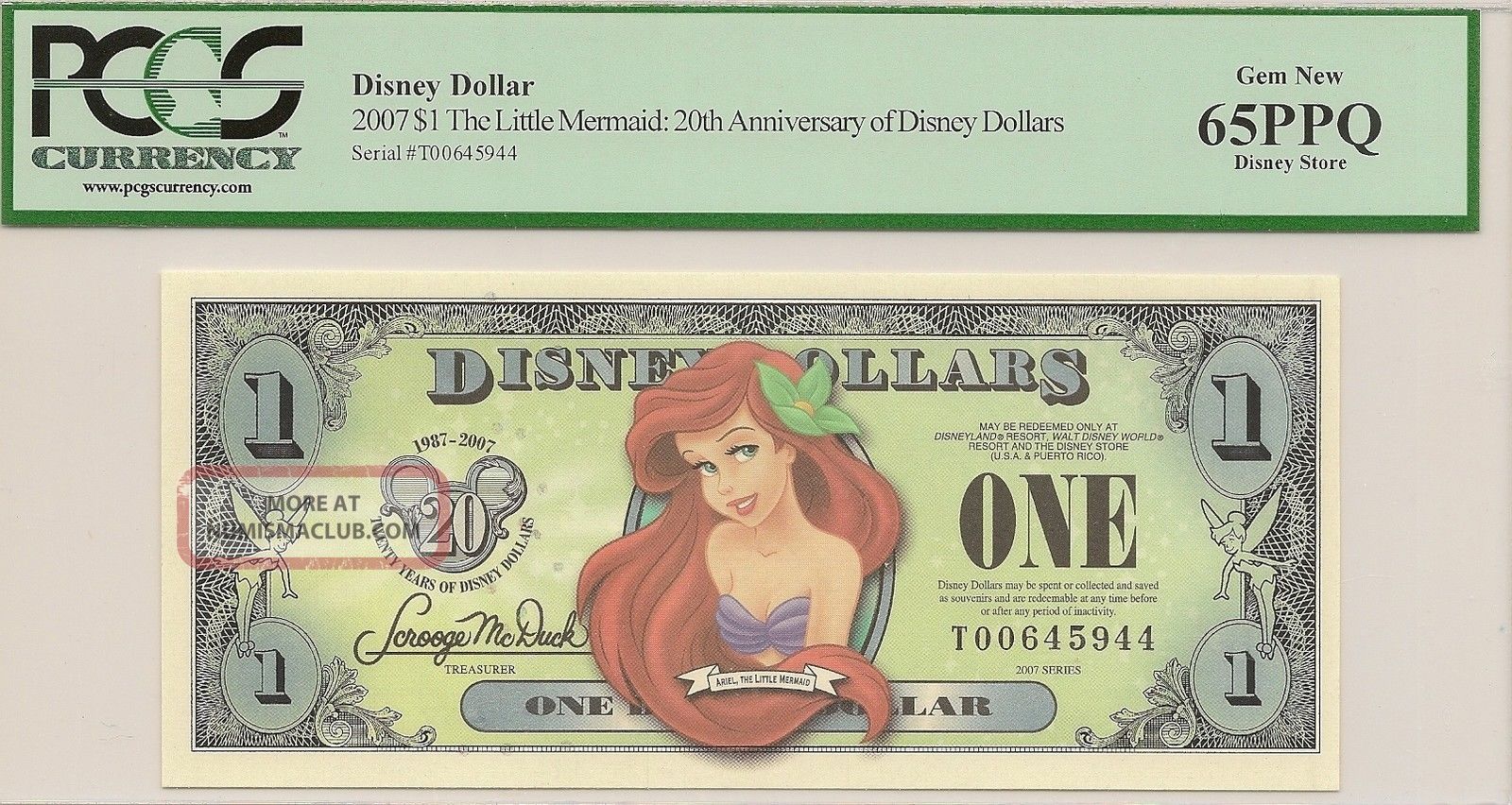 2007 $1 Little Mermaid Dollar Pcgs 65 Ppq Disney Store T Series - Ariel - 20 Yrs Small Size Notes photo
