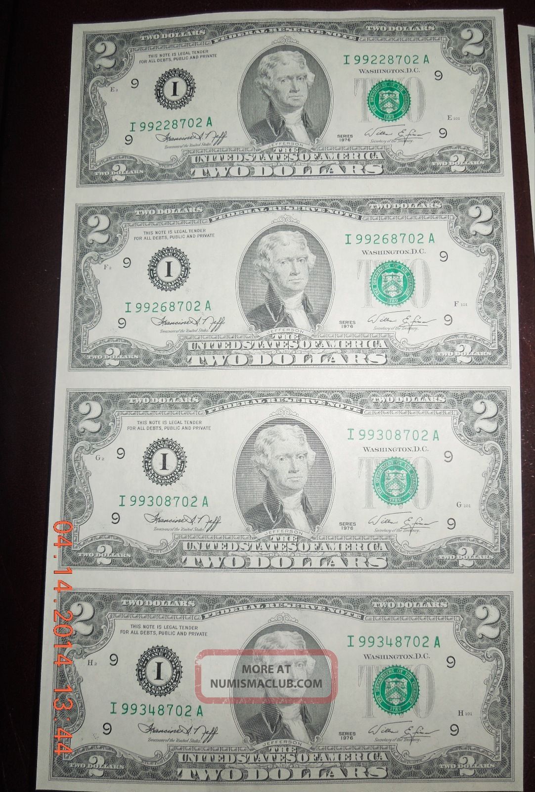 (4) 1976 $2 Dollar Uncut Uncirculated Consecutive Us Bills Small Size Notes photo