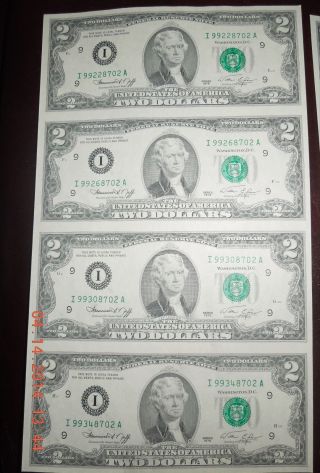 (4) 1976 $2 Dollar Uncut Uncirculated Consecutive Us Bills photo