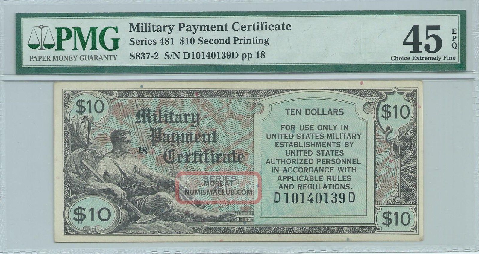 Series 481 $10 Dollar Military Payment Certificate Mpc Rare Note