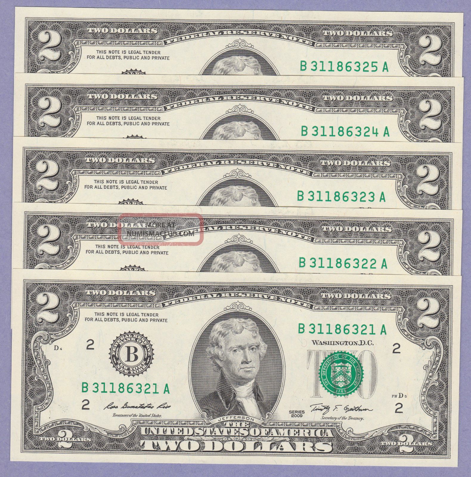 (5) 2009 Crisp Uncirculated $2 Two Dollar Bills - Consecutive York Notes. Small Size Notes photo