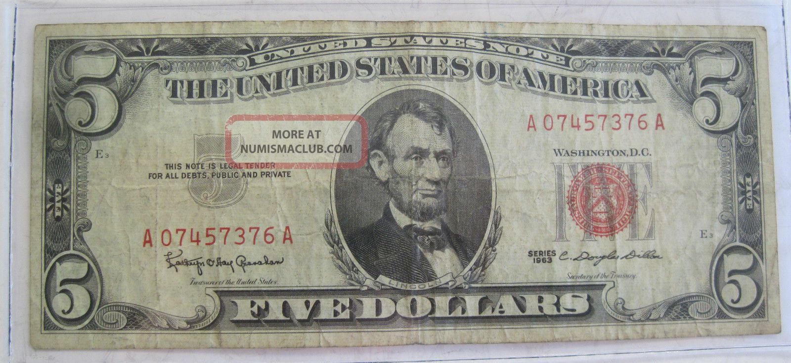 1963 Red Seal Five Dollar United States Note Paper Money Currency (1125m) Small Size Notes photo