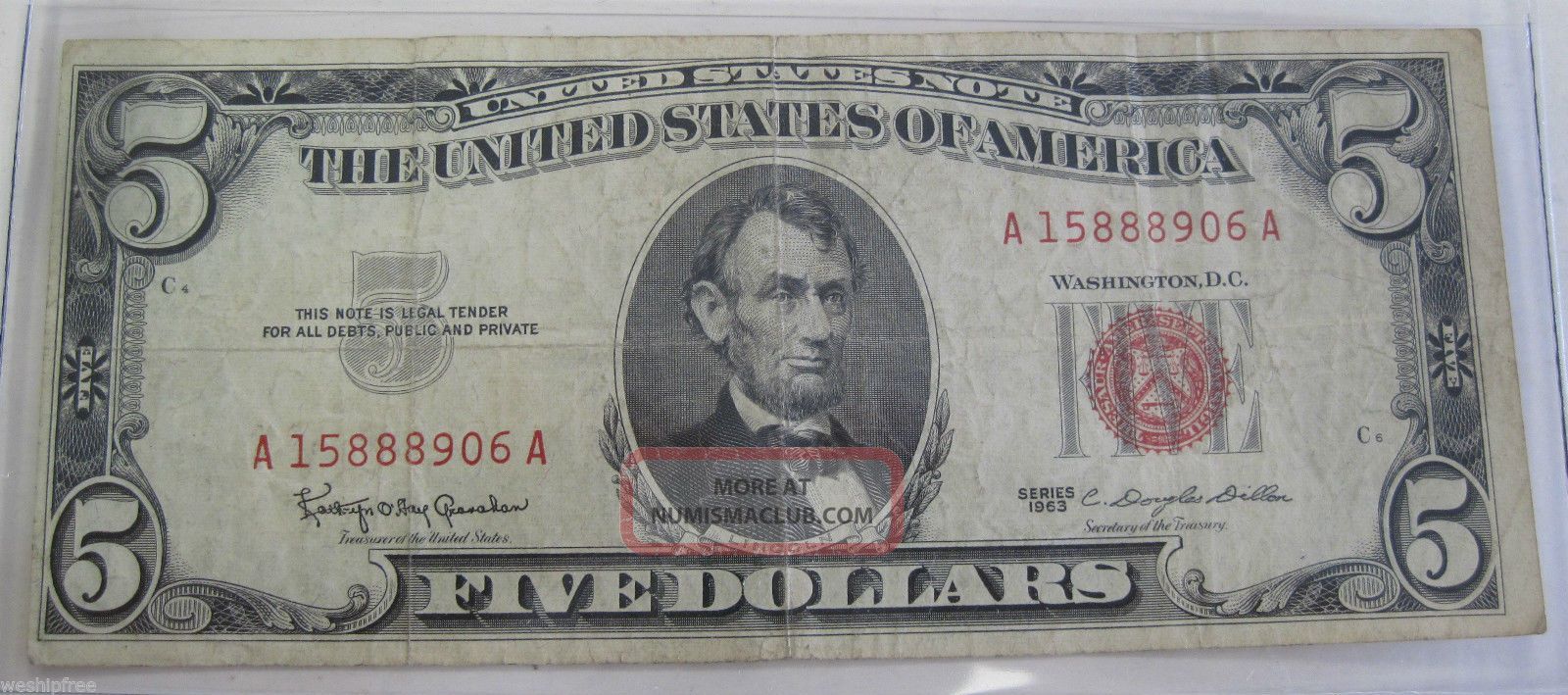 1963 Red Seal Five Dollar United States Note Paper Money Currency (920b) Small Size Notes photo