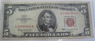 1963 Red Seal Five Dollar United States Note Paper Money Currency (920b) photo