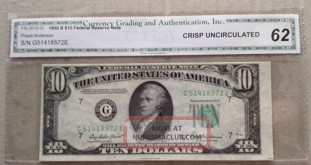 1950 - B $10 Federal Reserve Note Cga Crisp Unc - 62 Small Size Notes photo