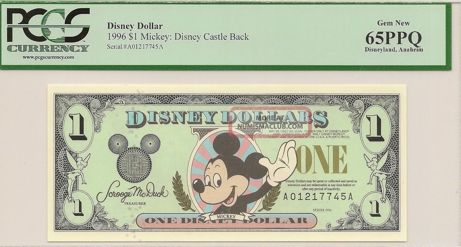 1996 $1 Mickey Disney Dollar Pcgs 65ppq Castle Back Disneyland A Series Small Size Notes photo