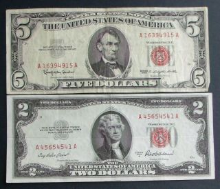 One 1963 $5 & One 1953a $2 United States Notes (a45654541a) photo