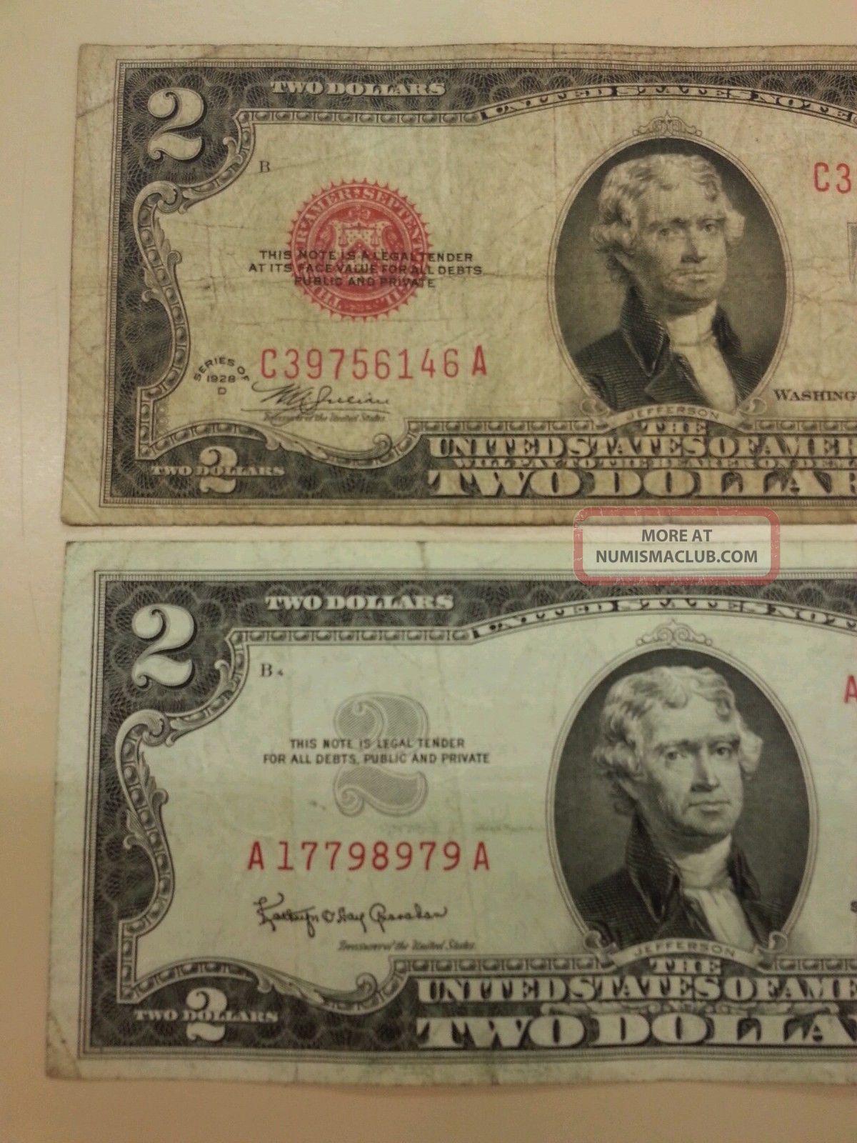 Two Red Seal $2 Notes.  1928d & 1963a. Small Size Notes photo