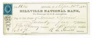 Millville Jersey Millville National Bank Check With Revenue Stamp 1883 photo