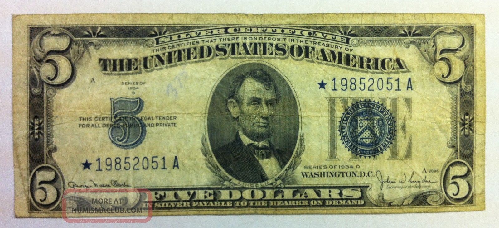 $5 Blue Seal Silver Certificate Series 1934 D Star Note Circ. Small Size Notes photo