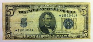 $5 Blue Seal Silver Certificate Series 1934 D Star Note Circ. photo