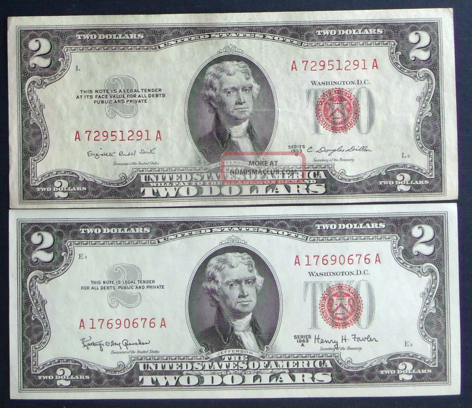 One 1953b $2 & One 1963a $2 Red Seal United States Note Au (15) Small Size Notes photo